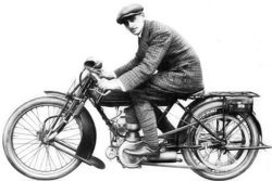Adalberto Garelli riding a motorcycleherin 1919.
